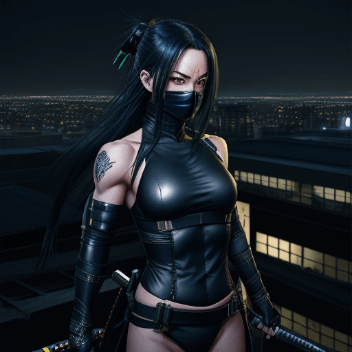 AI generated: Female shinobi, City Rooftop Shot, masked, visible long black hair, Green eyes, with katana, dark Su...
