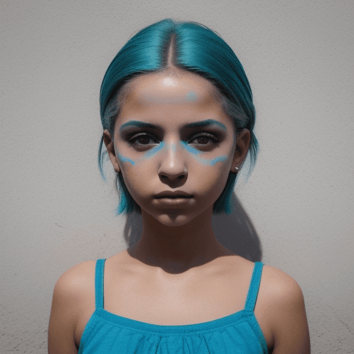 AI generated: hermosa niña, Retrato de medio cuerpo, Cabello corto y despeinado azul brillante, sombra de ojos neg...