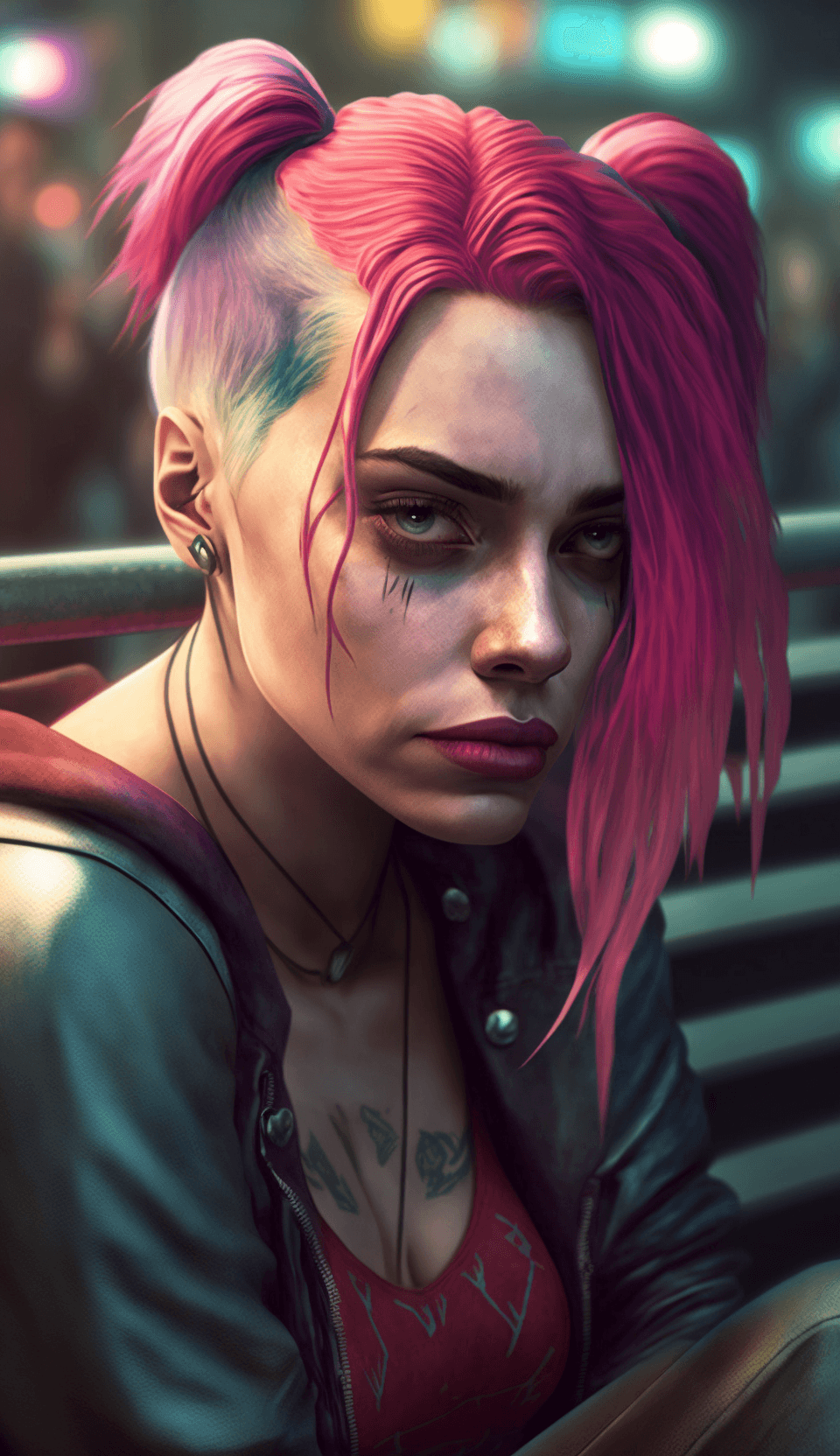 AI generated: Cinematic lighting, 4k, ultra details, ultra realism, woman, Harley Quinn, sad, heavy eye liner, cyb...