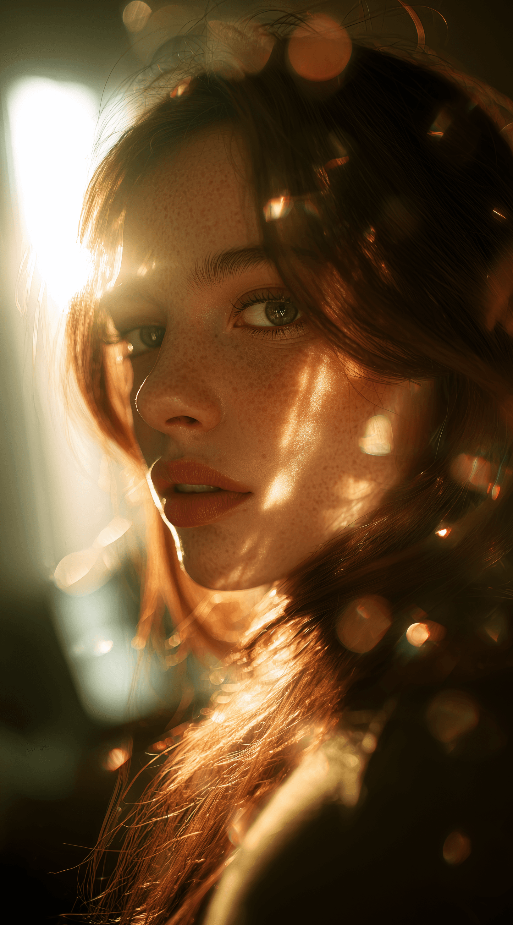 AI generated: Portrait of a woman in boho-chic , bathed in sunlight with a lens flare effect. She is gazing out a ...