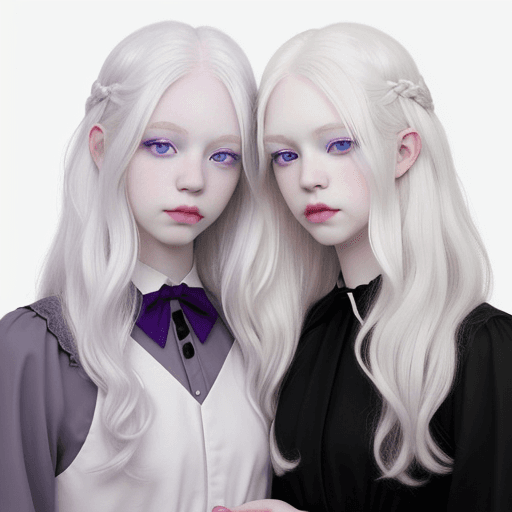 AI generated: Albino twins, white wavy hair, pale skin, purple eyes, gray eyebrows and soft smiles. Black dresses.