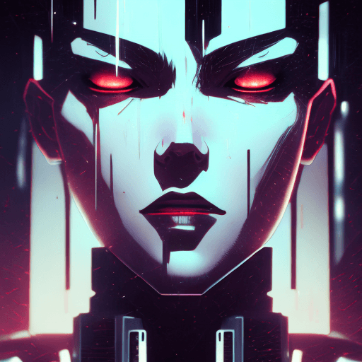 AI generated: frank miller illustration, dark anime, Arcane, bladerunner, villain frontal facial close up uplit fr...