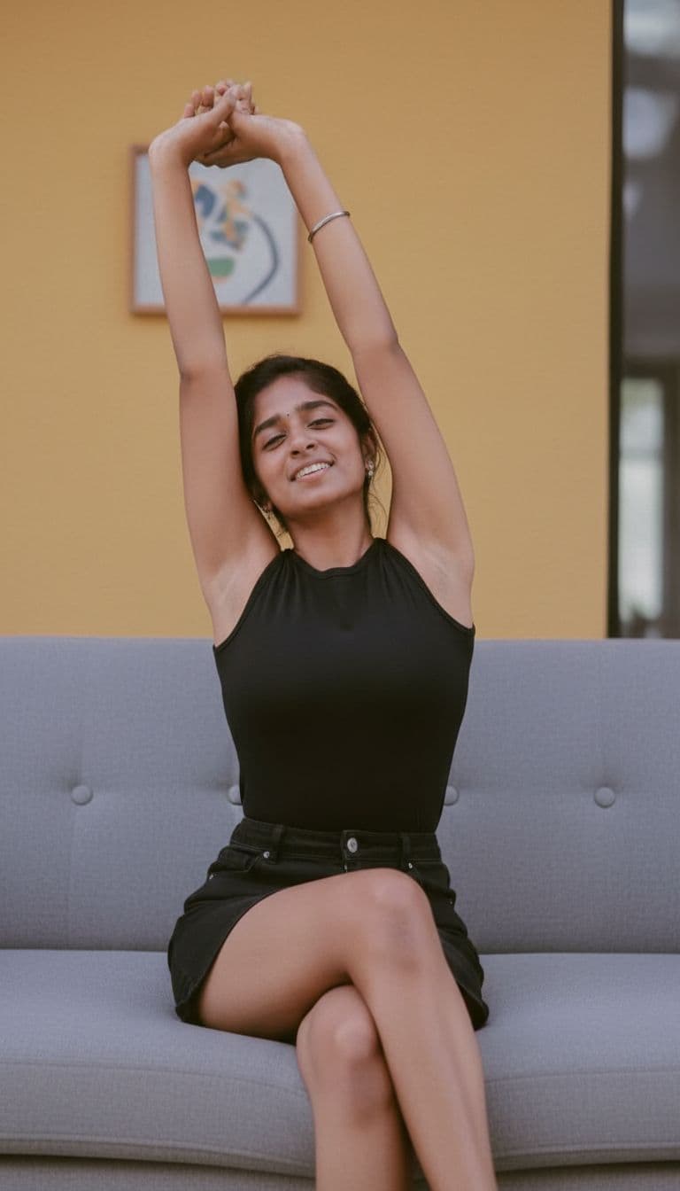AI generated: The uploaded Woman in a short skirt and a black sleeveless tight t-shirt sitting with one leg over t...
