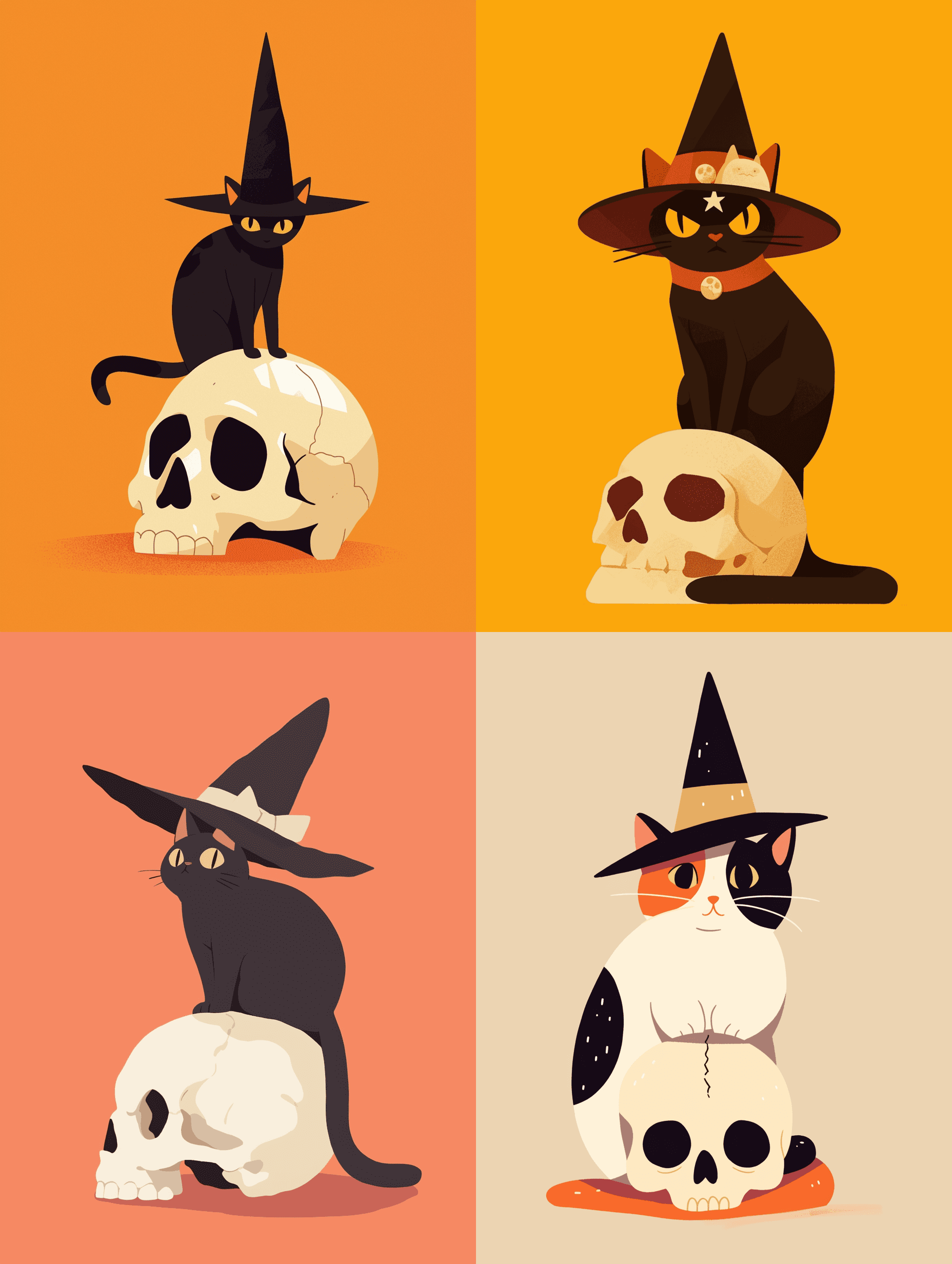 AI generated: A flat illustration of a cat wearing a witch's hat and sitting on the skull, minimalist, warm, utili...