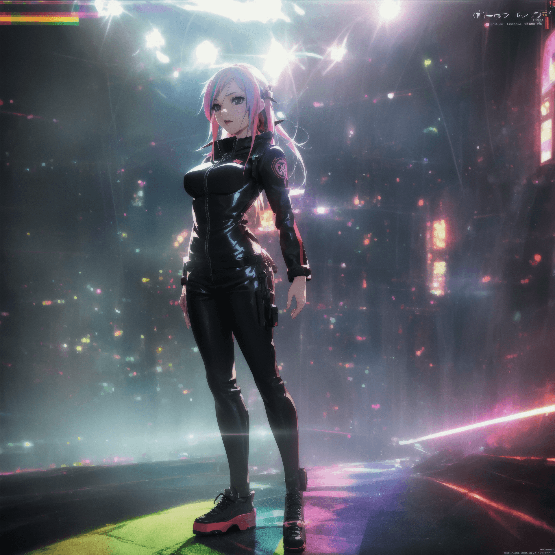 AI generated: anime artwork professional 3d model 1girl, hot, model, pale skin, long rainbow hair, black eyes, fre...