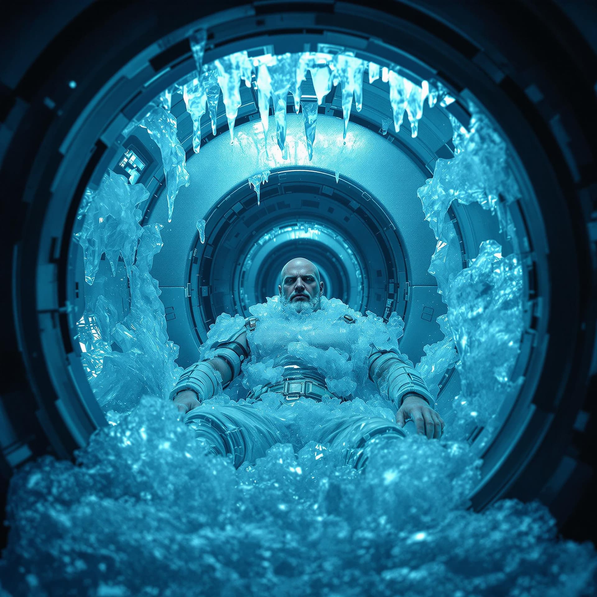 AI generated: A  man, frozen in ice inside an airlock tank, in the middle of a row with other cryo tanks. in a cyb...