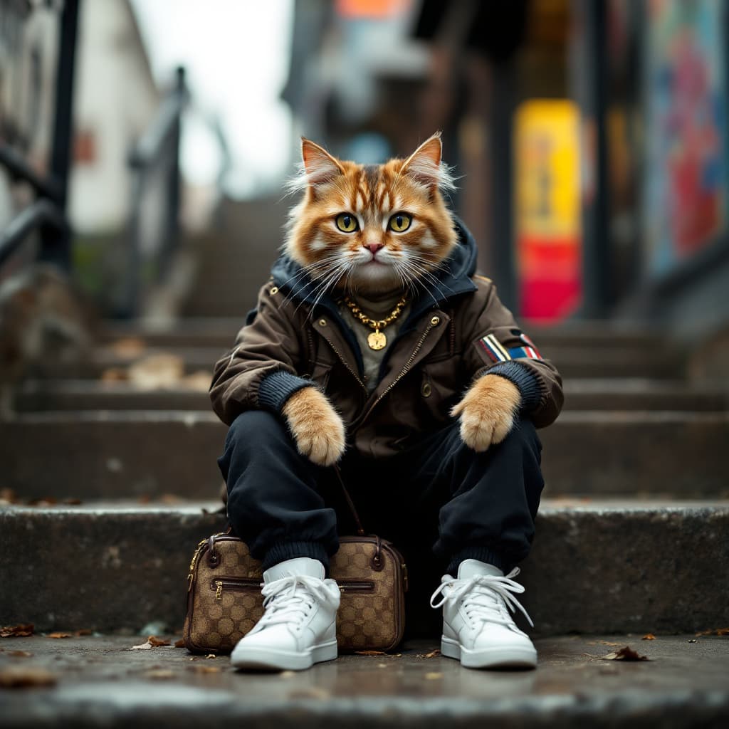 AI generated: anthropomorphic, a cat named ”street style KOL kitty” wearing dark brown flight jacket, and white sn...