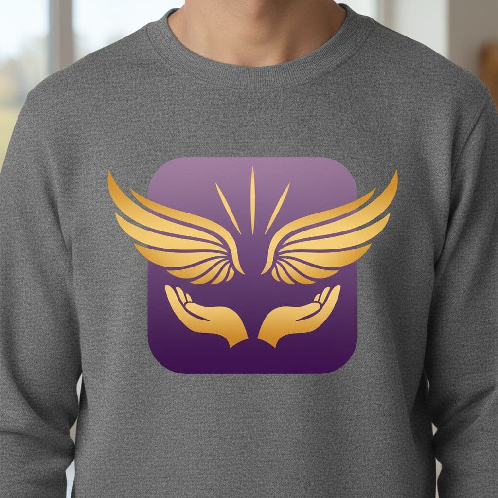 AI generated: put on a Sweater merchandise: A minimalist, spiritual logo design featuring a purple gradient backgr...