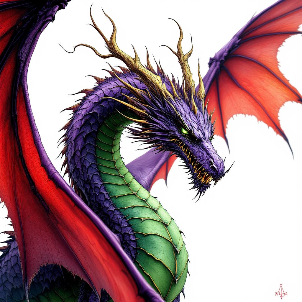 AI generated: A magnificent Gothic Dragon Purple with Green and with Red wings with yellow veins in all of his glo...