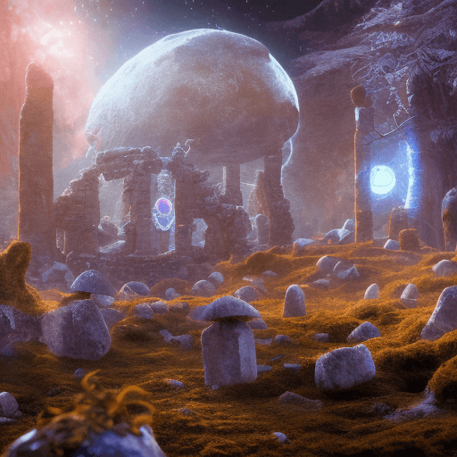 AI generated: Ruins with ancient runes glowing in blue, blue moon in the sky, night shot, blue mushrooms on the gr...