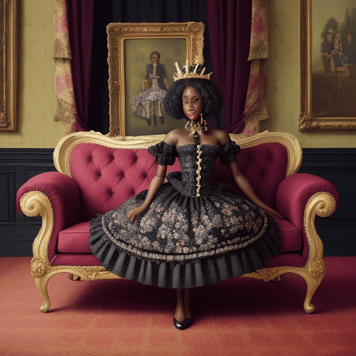 AI generated: a black woman wearing a crown in the background, a chequered floor, an antique sofa, floral patterns...