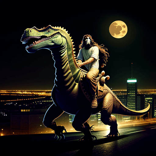 AI generated: Jesus riding a dinosaur through a city at night.



