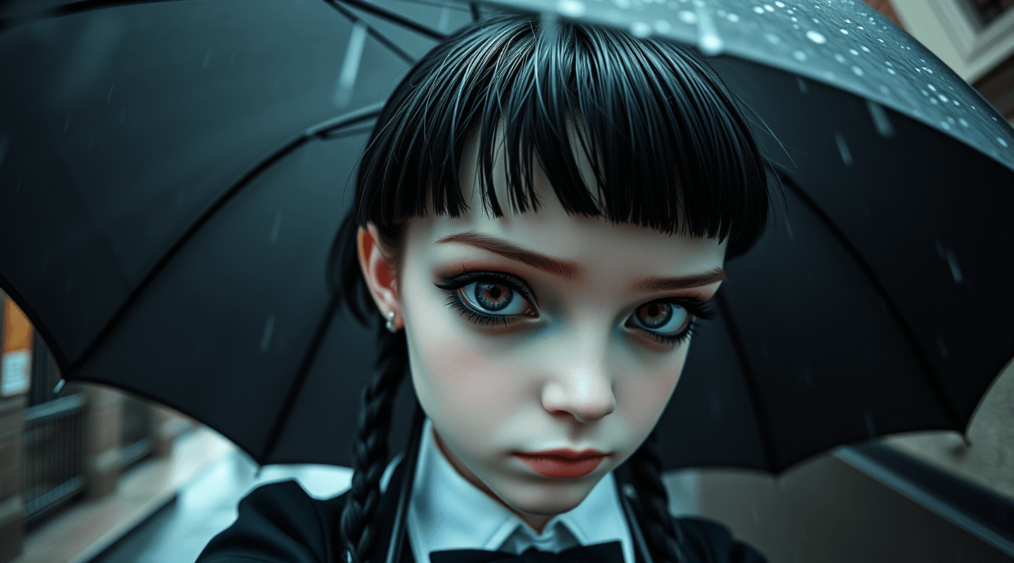 AI generated: go-pro photograph of Wednesday Addams cosplayed by a cute girl, anime style, a charismatic girl, a v...
