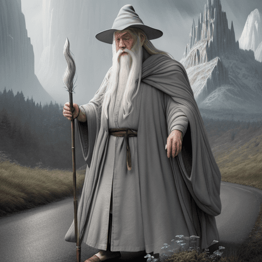 AI generated: Gandalf Gray, wise face, long almost white beard, wrinkled face, big eyebrows, long robes, hat, on a...