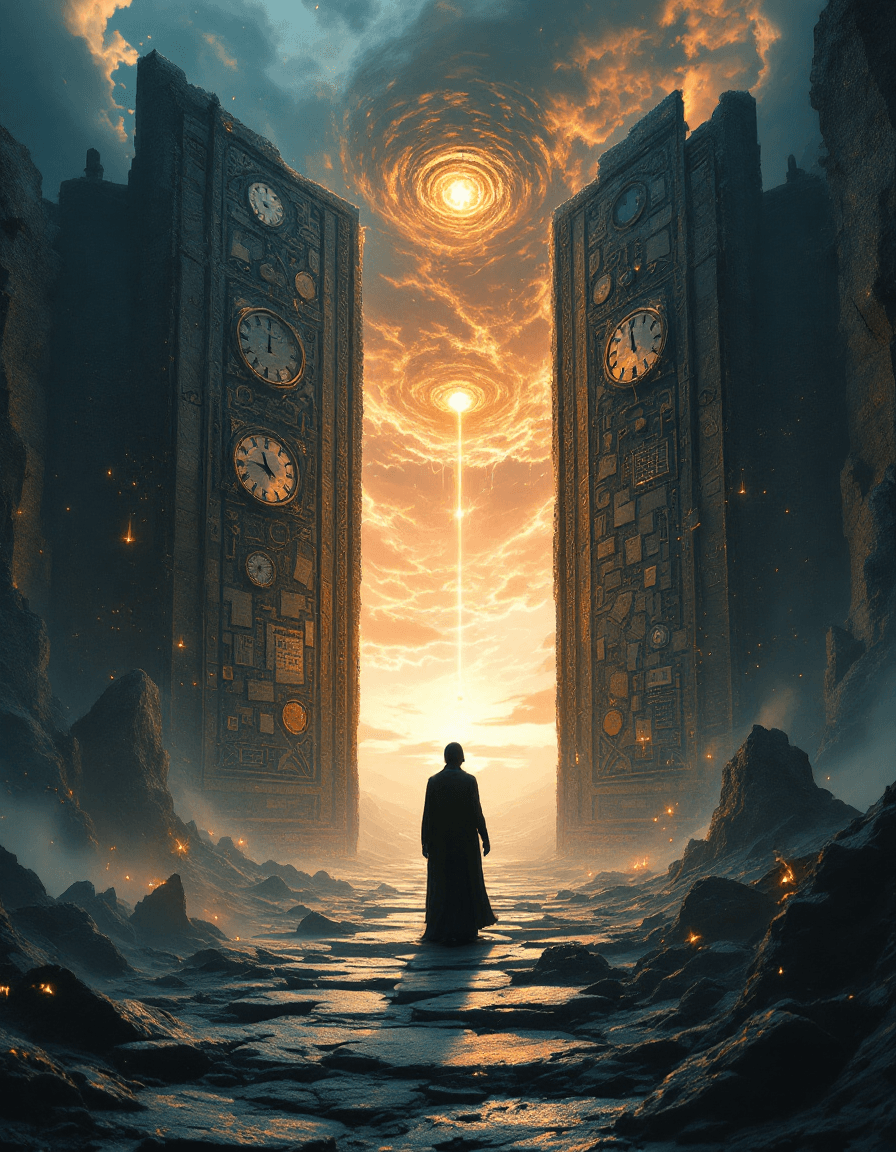 AI generated: A hyper-detailed, cinematic fantasy scene depicting a lone figure standing at the threshold of a col...