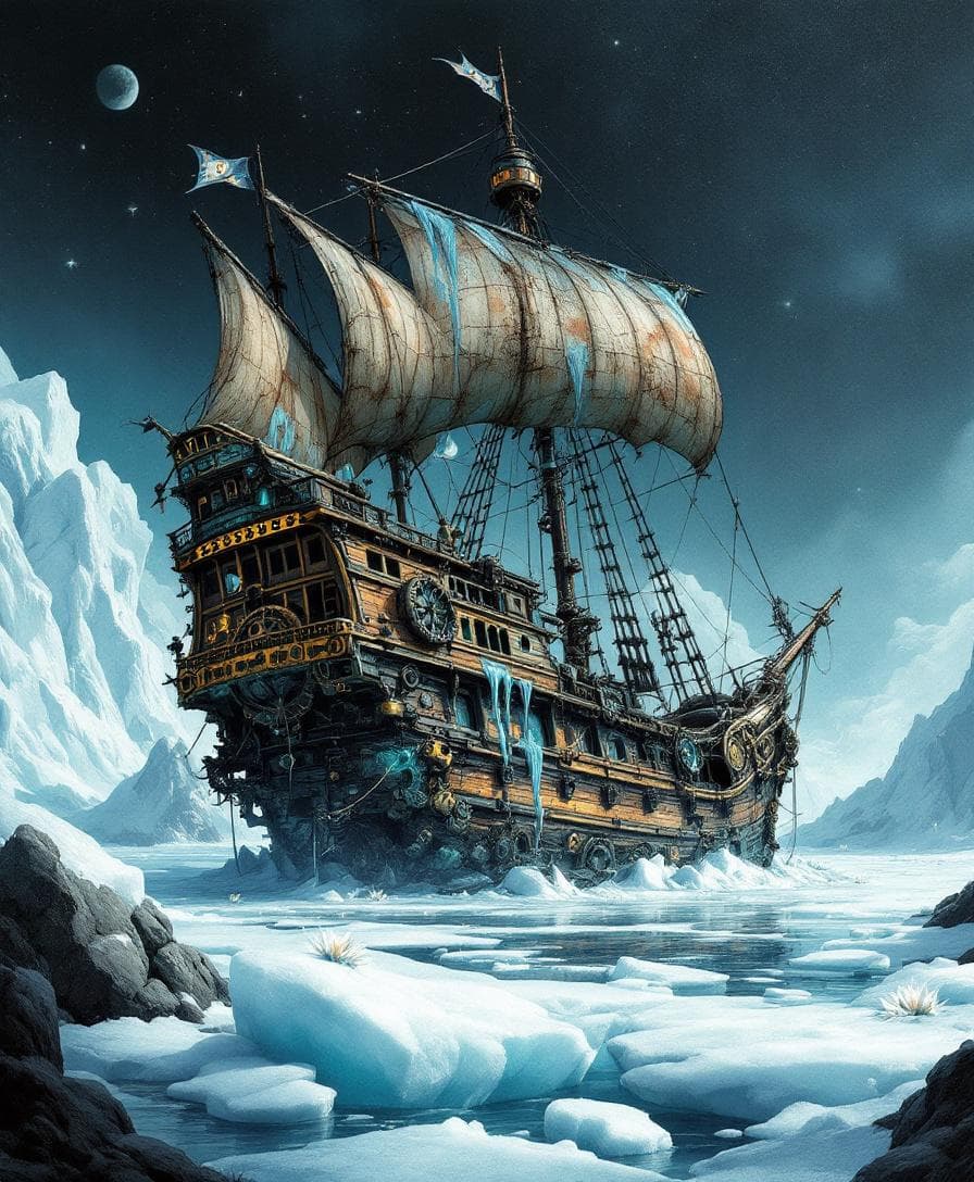 AI generated: A composite blend of adventure fantasy Illustration of a shipwrecked ancient decrepit broken in half...