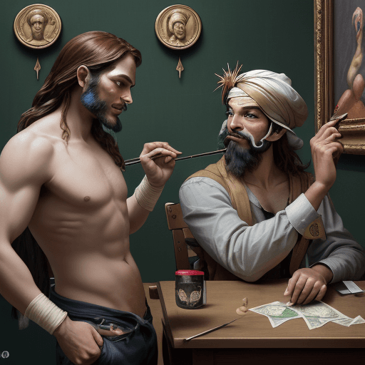 AI generated: Design a playful reinterpretation of Michelangelo’s 'The Creation of Adam,' showcasing a man in a Gu...