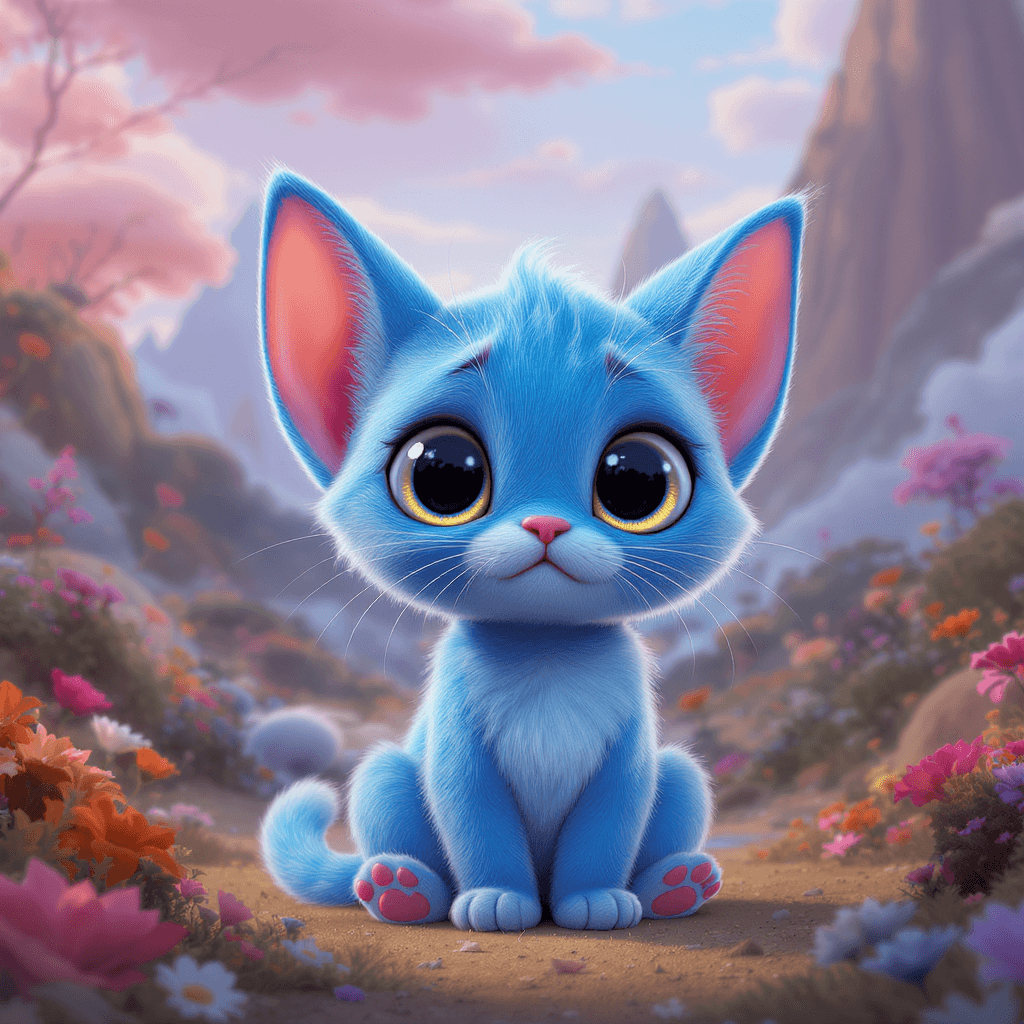 AI generated: A cute baby blue alien cat with large ears and expressive eyes, sitting in an otherworldly landscape...