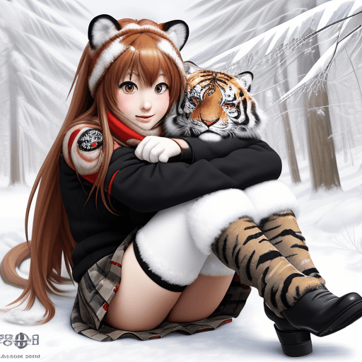 AI generated: taiga aisaka, anime, sit in snowy camouflage riding tank and hug herself, winter red school uniform,...