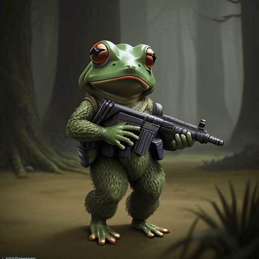 AI generated: photo of a ultrarealistic frog soldier on the battlefield killing ewoks in the city of randers
