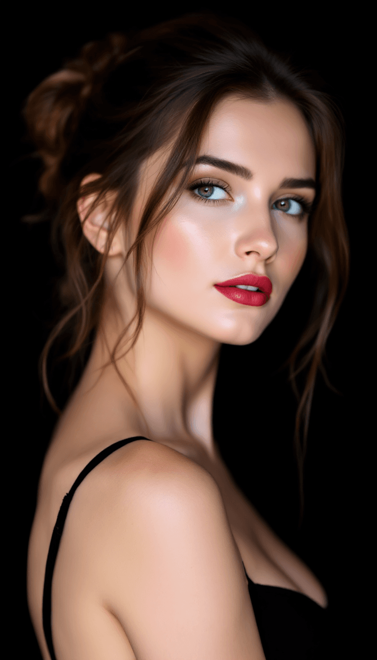AI generated: A woman with fair skin, light red lipstick, and brown hair in a loose bun, wearing a black spaghetti...