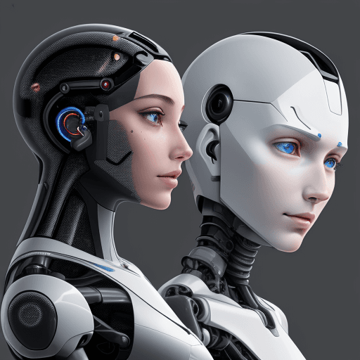 AI generated: Front view of the face of a half-human, half-machine robot with AI, with a side view of an AI-enhanc...