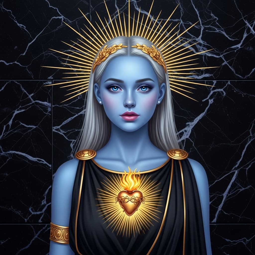 AI generated: A gorgeous 18 year old white girl with pale blue skin against a black and blue marble wall. She has ...