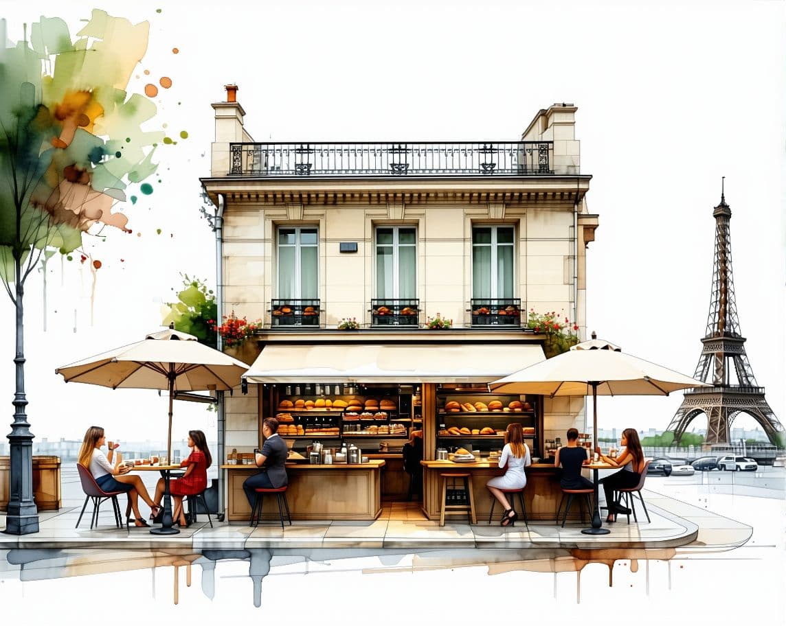 AI generated: Coffee shop as if it’s being in paris, you can draw the  bakery and add Eiffel Tower at the backgrou...