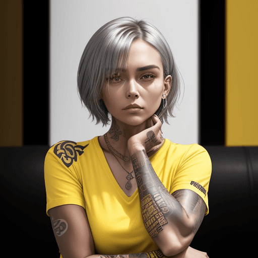 AI generated: a woman in yellow shirt with her arms folded against , in the style of tattoo, normcore, dark silver...