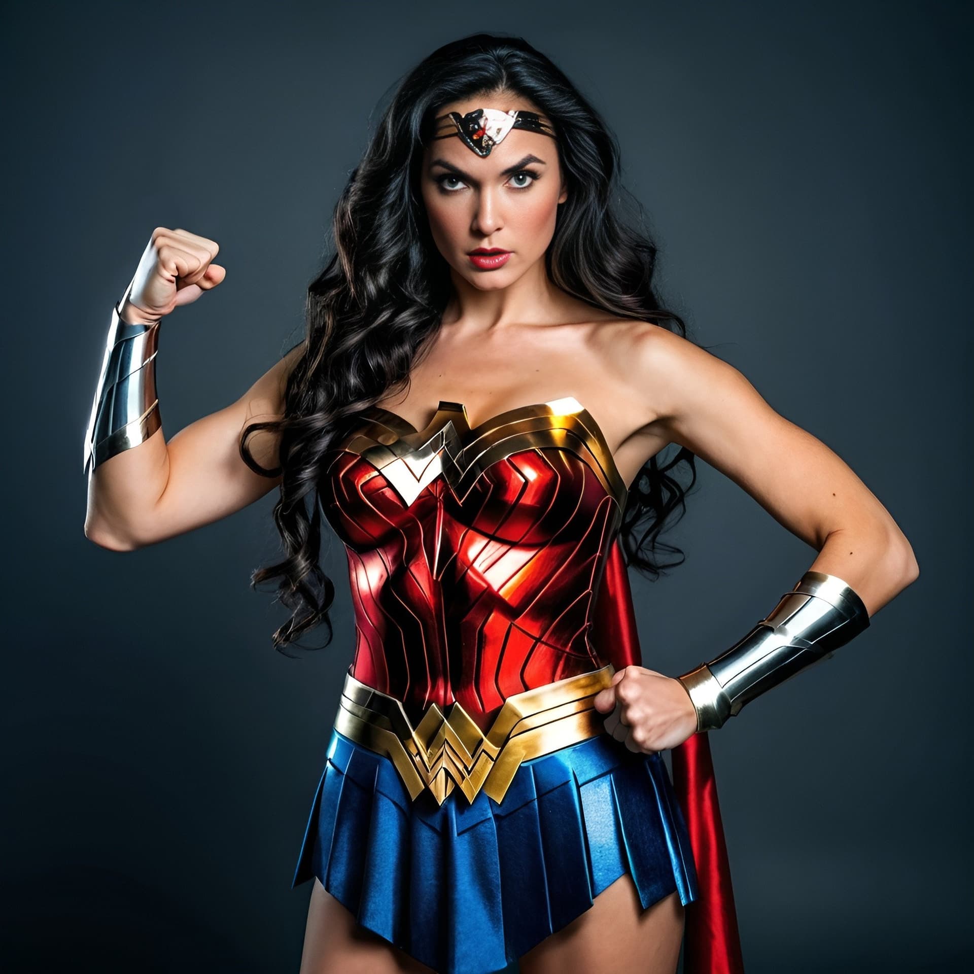 AI generated: long wavy dark haired beautiful woman wearing a wonder woman cstume striking an impressive pose with...