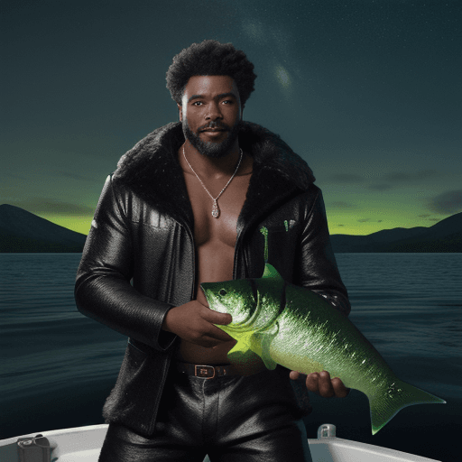 AI generated: black man dressed in  fur and cow skin finds meteorite while fishing, the green glow cast on the wat...