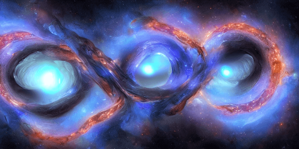 AI generated: raytraced render and digital painting a scene of two black holes stripping each other, by  kinkade, ...