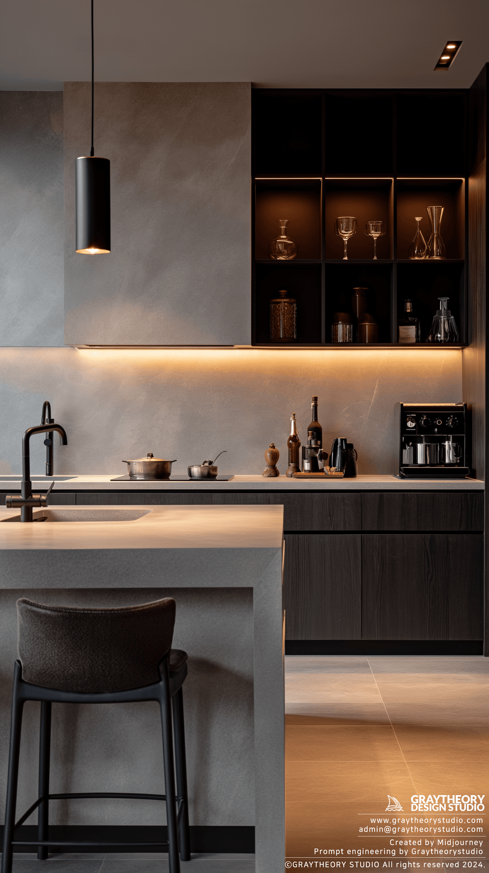 AI generated: modern kitchen in the pre-dawn light, sleek white tile and matte white finishes, with a beige, and m...