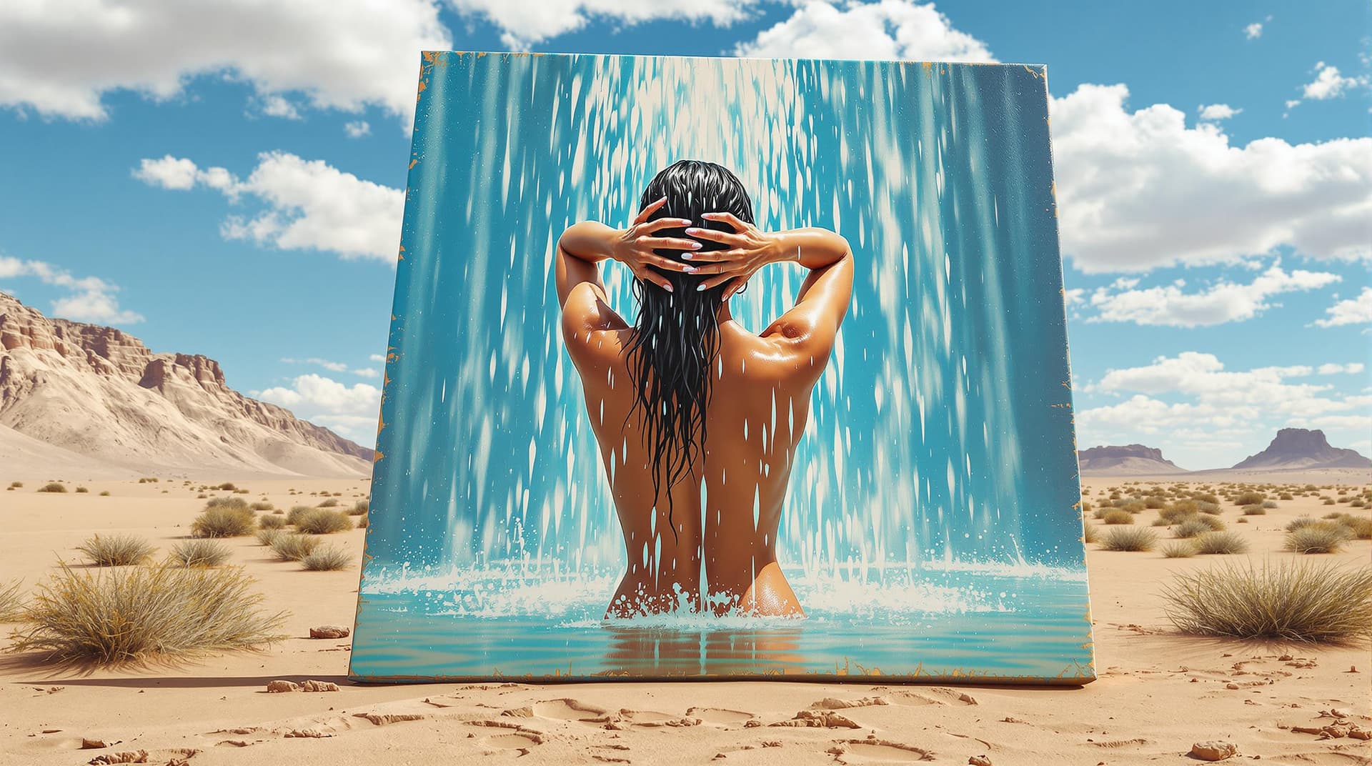 AI generated: surrealism painting 3d scenery, in the middle of the desert, a giant canvas displays a stunningly re...