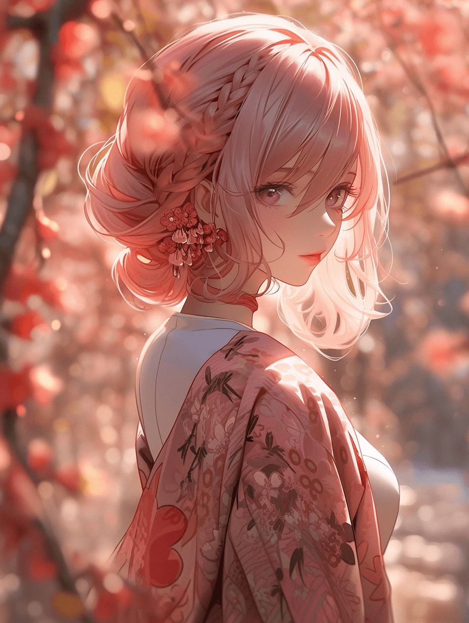 AI generated: Asian woman stands under sakura, cute face, pink hair, bob hairstyle, leaves fall, autumn, landscape...