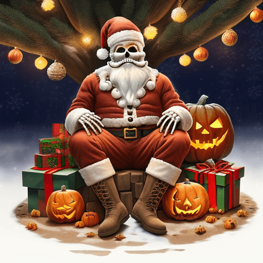 AI generated: A bearded human skeleton in Santa Claus outfit, a sack of gifts on his back, carved pumpkins for Hal...