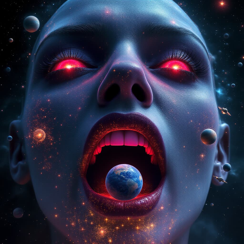 AI generated: close up of an enormous cosmic giantess floating in space's nostrils, minuscule galaxy in front of h...