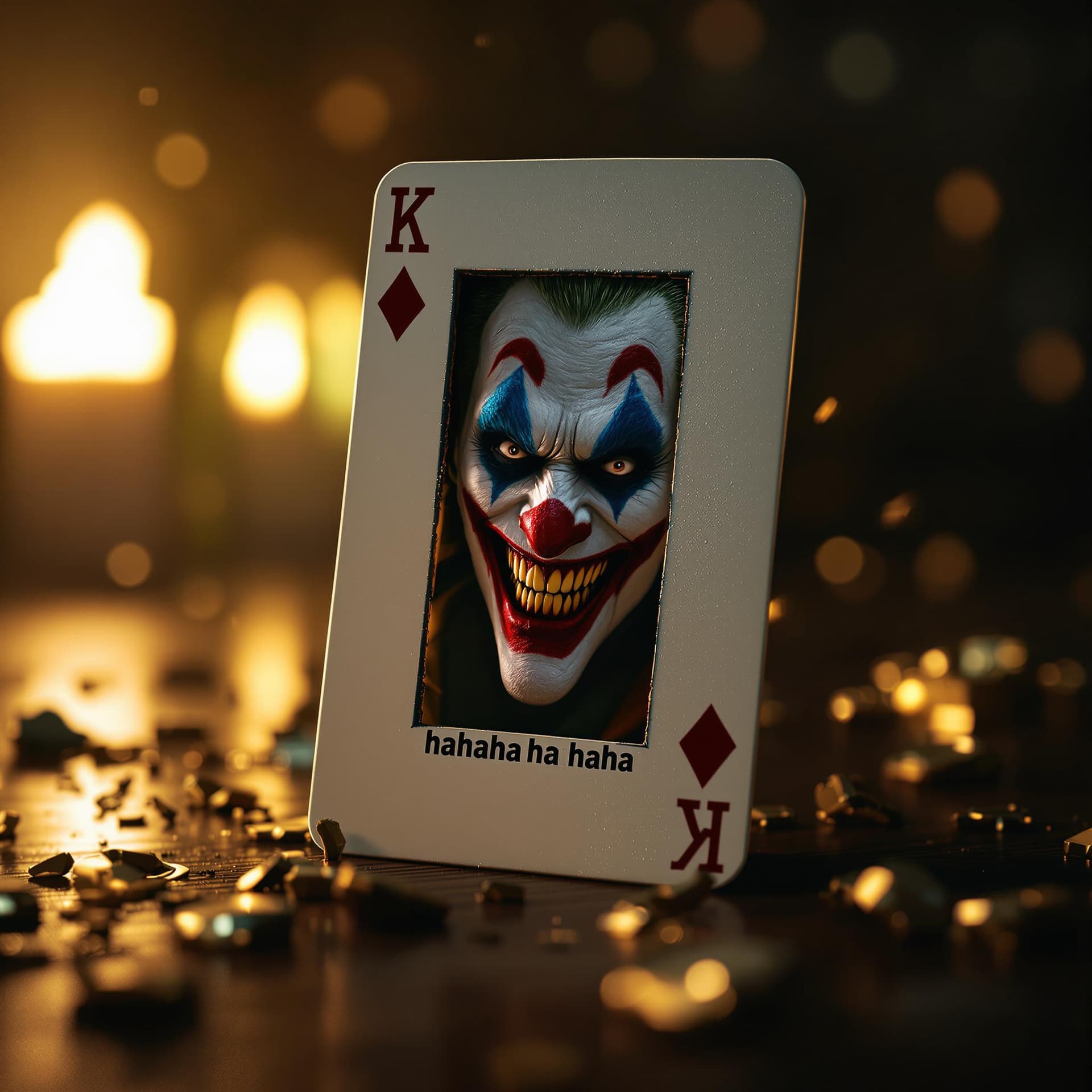 AI generated: a realistic joker playing card with the Joker character's image is coming out the card, laughter "ha...