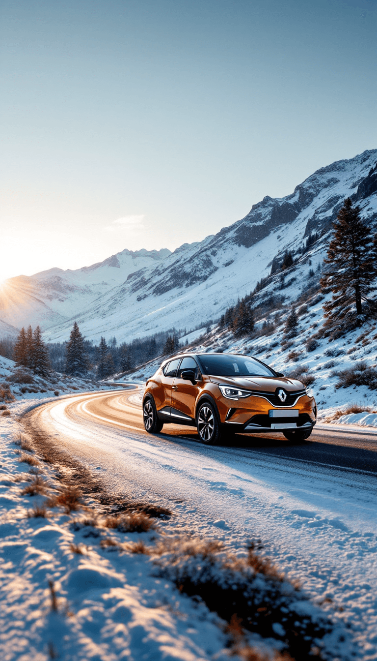 AI generated: Side shot of renault captur driving on a road next to montain, winter day, light reflection on car, ...