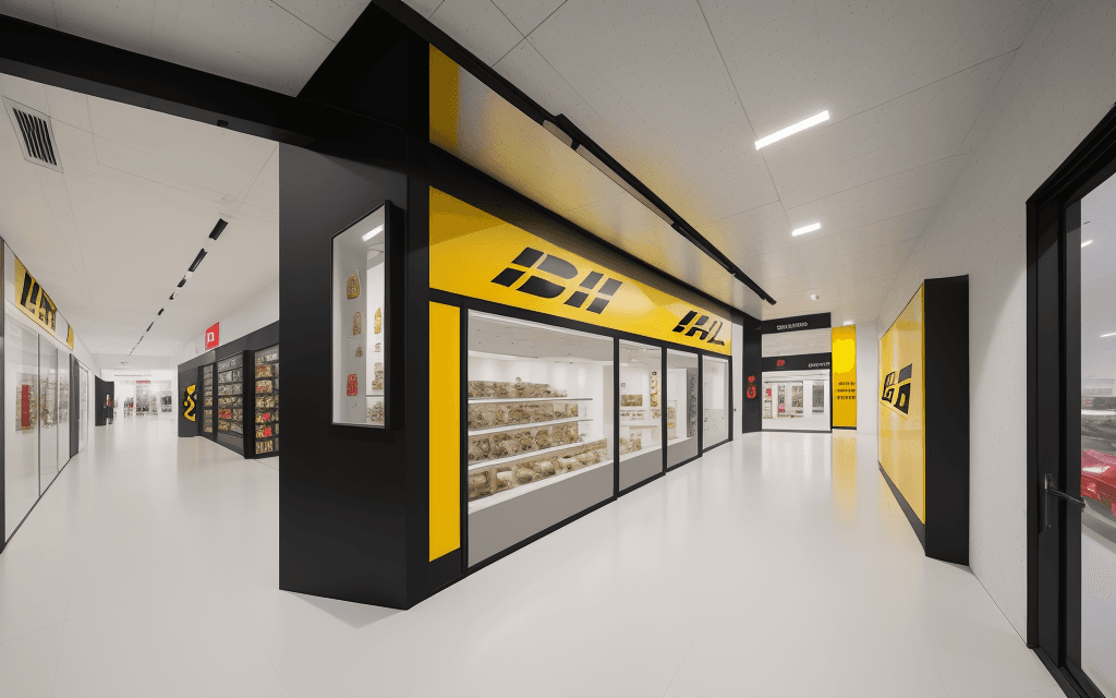 AI generated: Modern retail facade museum space of DHL, geometric design, Leica SL2, 16-35mm wide-angle lens captu...