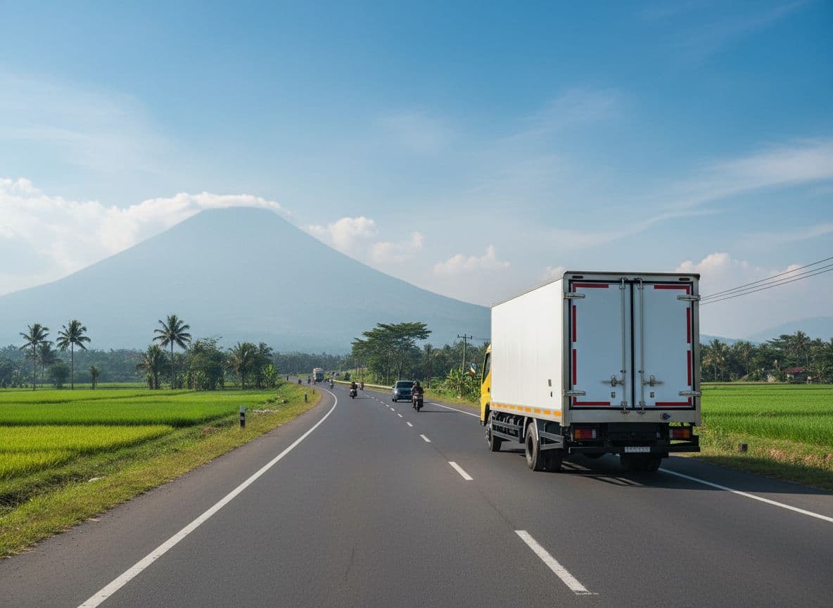 AI generated: Create a background with a highway location in East Java. Combine the truck image (attached file) to...