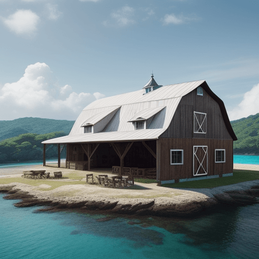 AI generated: Photo of a barn house in the middle of an island with mega yachts around it during mid day, 4k, hype...