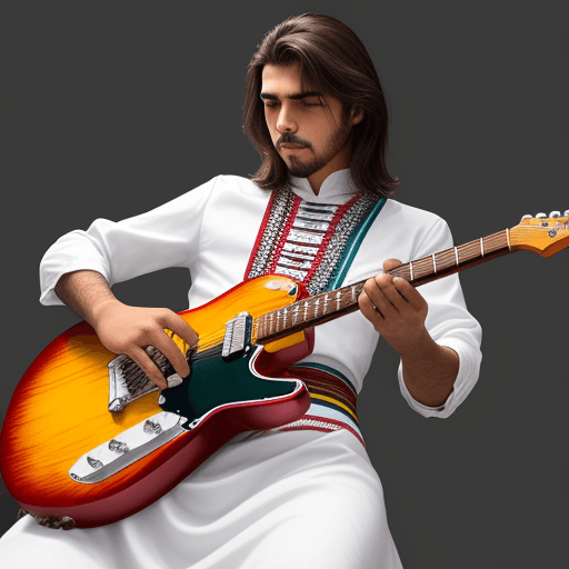 AI generated: musico hombre con guitarra eléctrica fender blanca telecaster moreno mexicano maduro vestido de mezc...