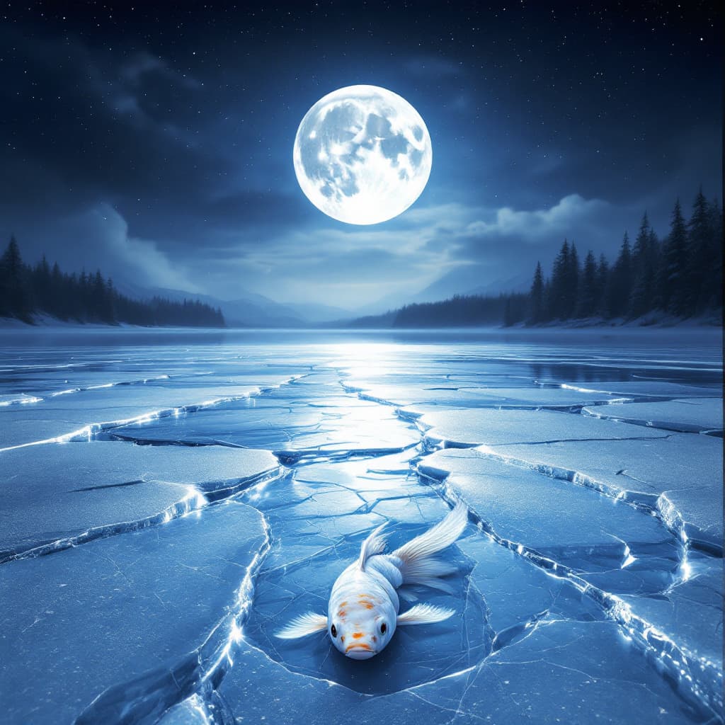 AI generated: looking straight  down on a highly reflective ice on lake which greatly fractured showing the full m...