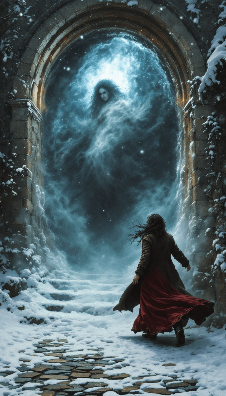 AI generated: Create a hyperrealistic painting in the style of Caspar David Friedrich. Depict a snow-covered cobbl...