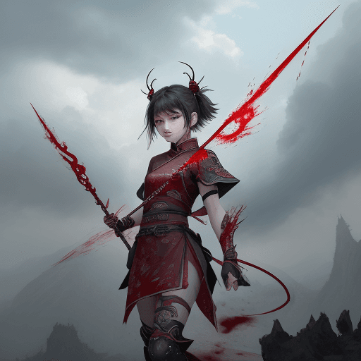 AI generated: 1girl, blood on face, angry, <lora:nezha_20230529030816:0.75>, holding spear, (flying), chinese myth...