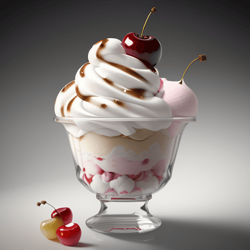 AI generated: ice cream sundae, delicious, glistening, cherries, marshmallows, highly detailed, octane render,