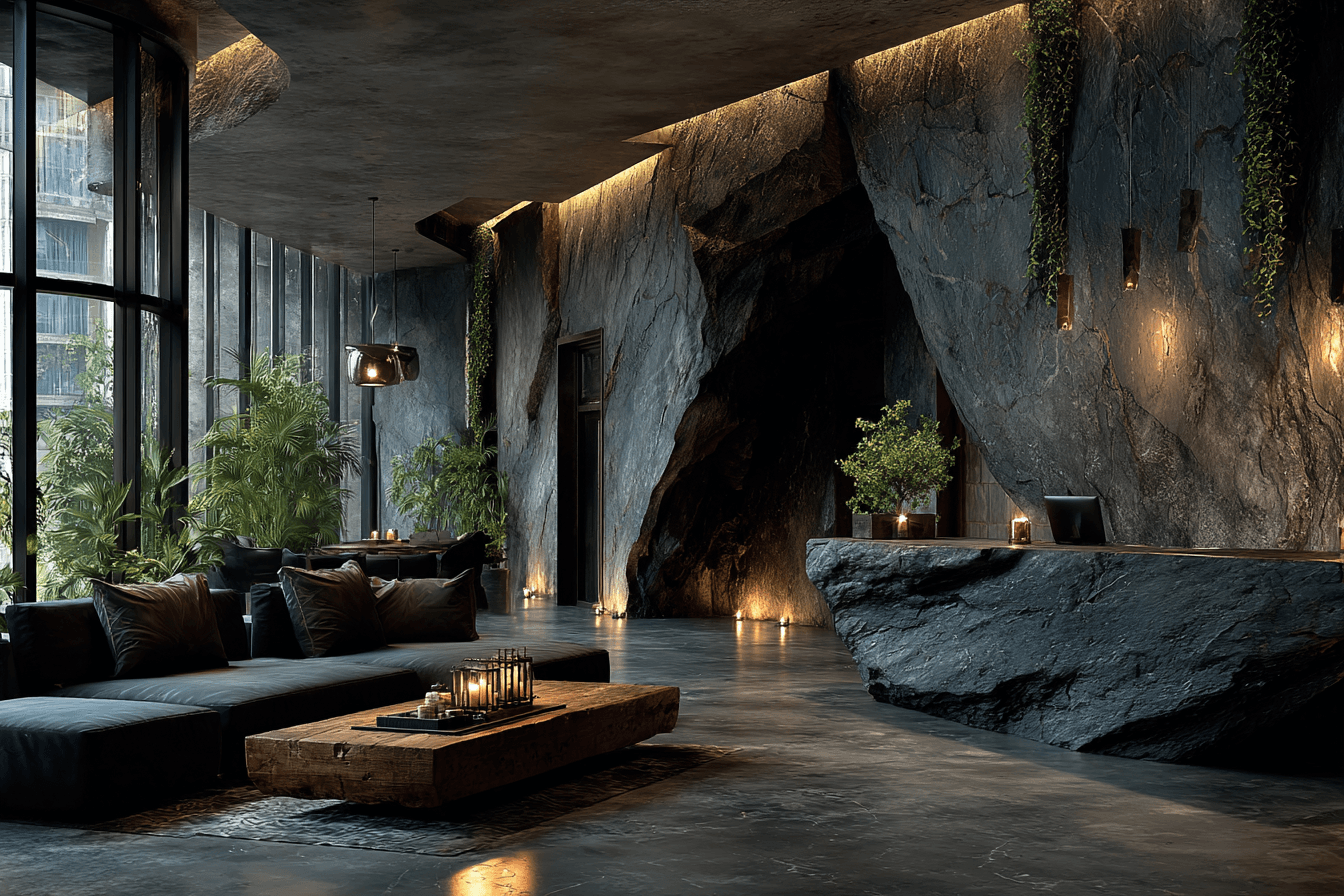 AI generated: This concept vision focuses on using dark stone in modern interiors, highlighting the power of natur...