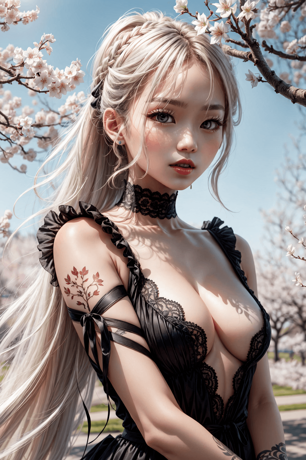 AI generated: Beautiful Korean woman, kpop idol, (white hair), (braided ponytail), (small breasts:1.5), symmetrica...