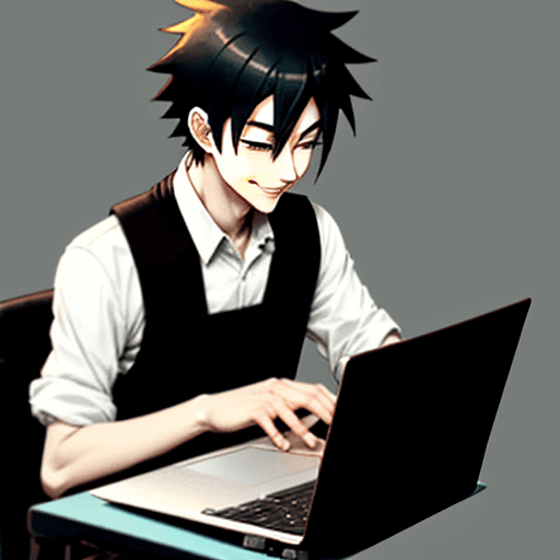 AI generated: Art anime man 27 years typing on laptop, great mood, 